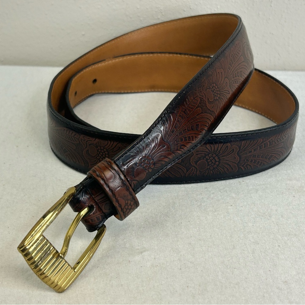 Perry Ellis 36 Brown Embossed Leather Belt with Gold Buckle Cowhide Floral
